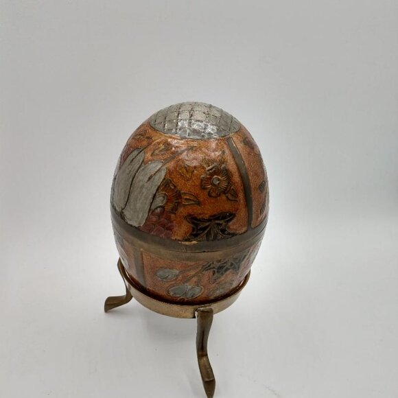 Vintage Enameled Brass Cloisonné Egg with Three Legged Stand - Picture 1 of 10